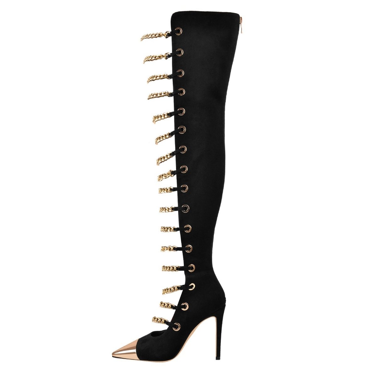 Glam Pointed Toe Gold Chain Black Knee High Boots