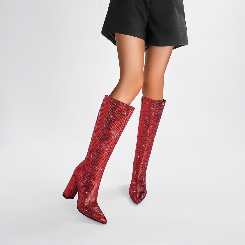 Glittery Rhinestone Pointed Toe Knee High Boots
