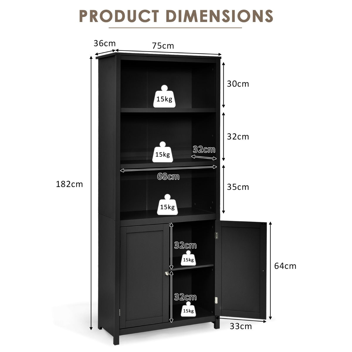 NNECW 3-Shelf Bookcase with Double Doors &amp Adjustable Shelves &amp Cabinet-Black-3