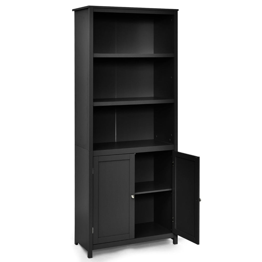NNECW 3-Shelf Bookcase with Double Doors &amp Adjustable Shelves &amp Cabinet-Black-1