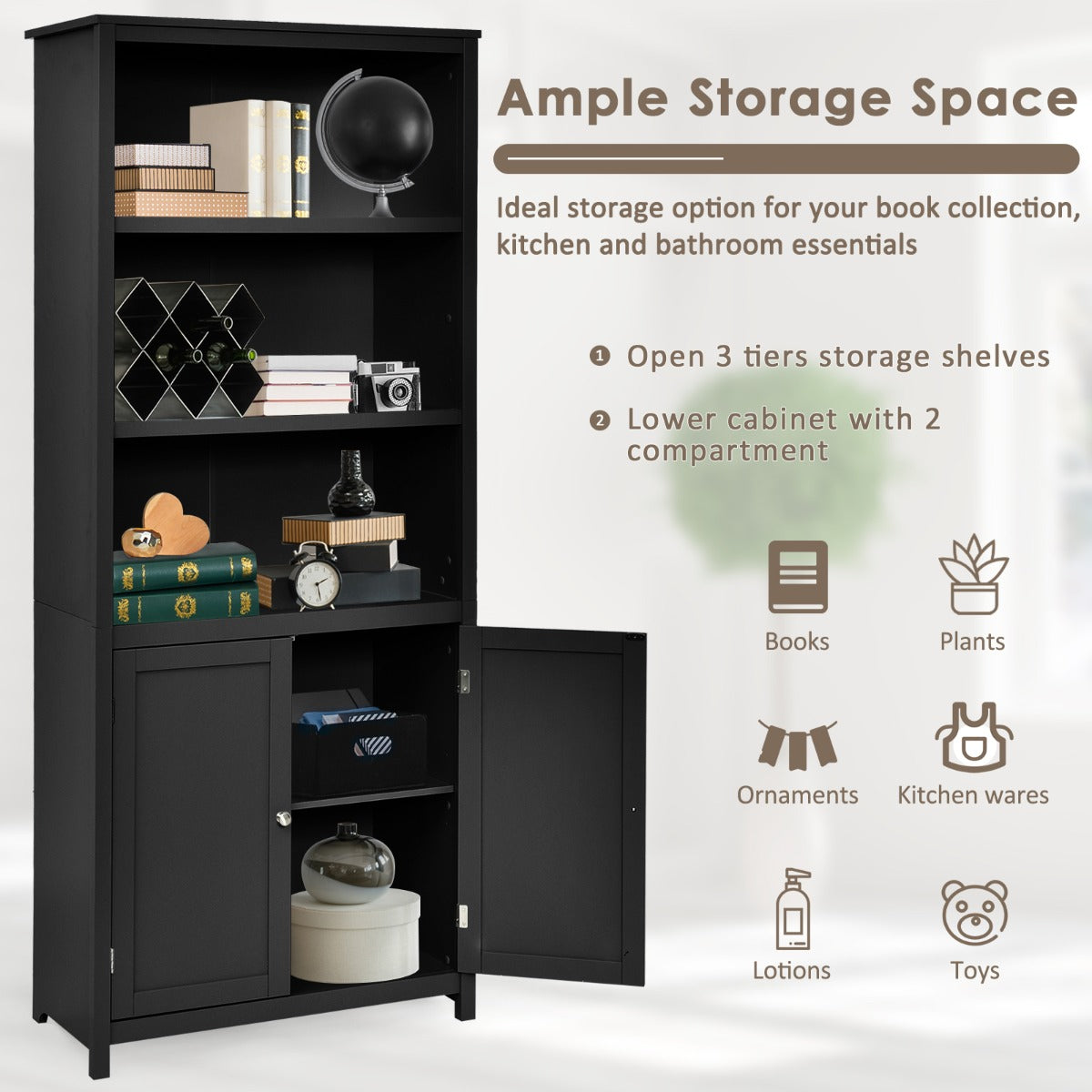 NNECW 3-Shelf Bookcase with Double Doors &amp Adjustable Shelves &amp Cabinet-Black-2
