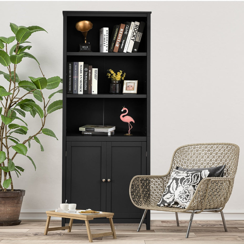 NNECW 3-Shelf Bookcase with Double Doors &amp Adjustable Shelves &amp Cabinet-Black-0
