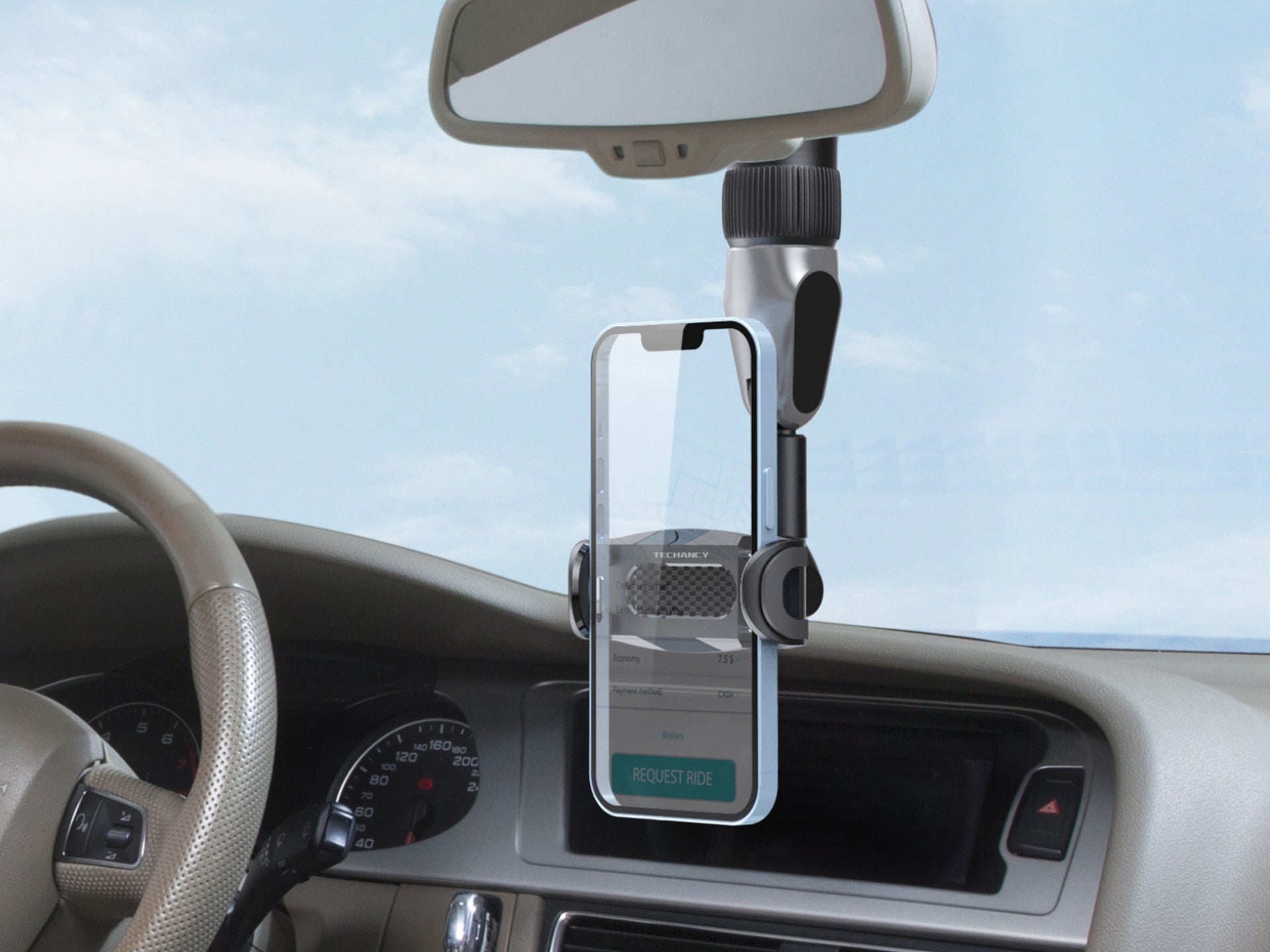 Suporte para telemóvel Techancy, TI2278, suporta ajuste de ângulo de 360°, instala-se no espelho retrovisor do carro, preto