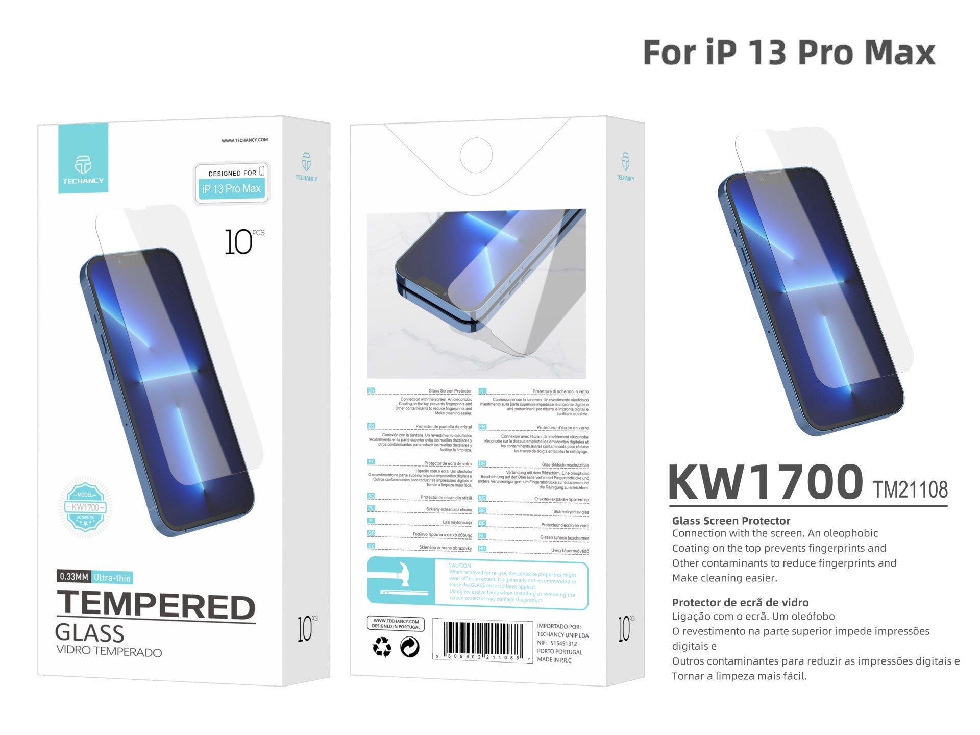 Techancy Película de Vidro Temperado  para iPhone 13 Pro Max KW1700 , 0.33MM, Anti-riscos, Alta Transparência, Fácil Aplicação