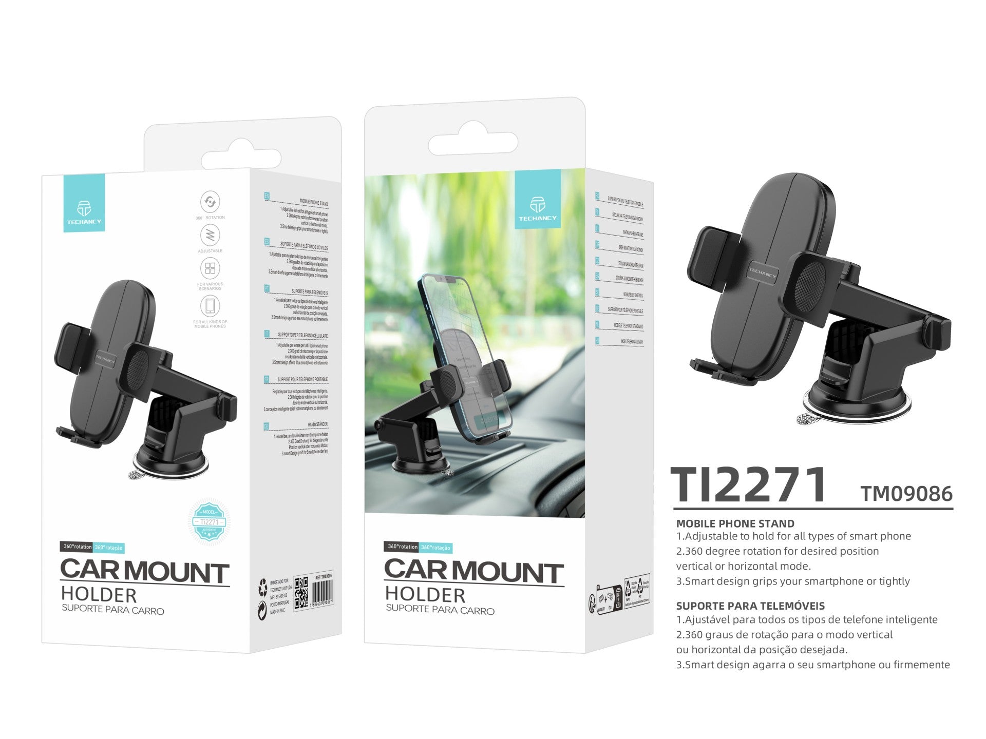 Techancy Suporte Para Telemóvel Para Automóvel Ti2271, Ajustável A Diferentes Telemóveis, Abertura E Fecho Com Um Toque.