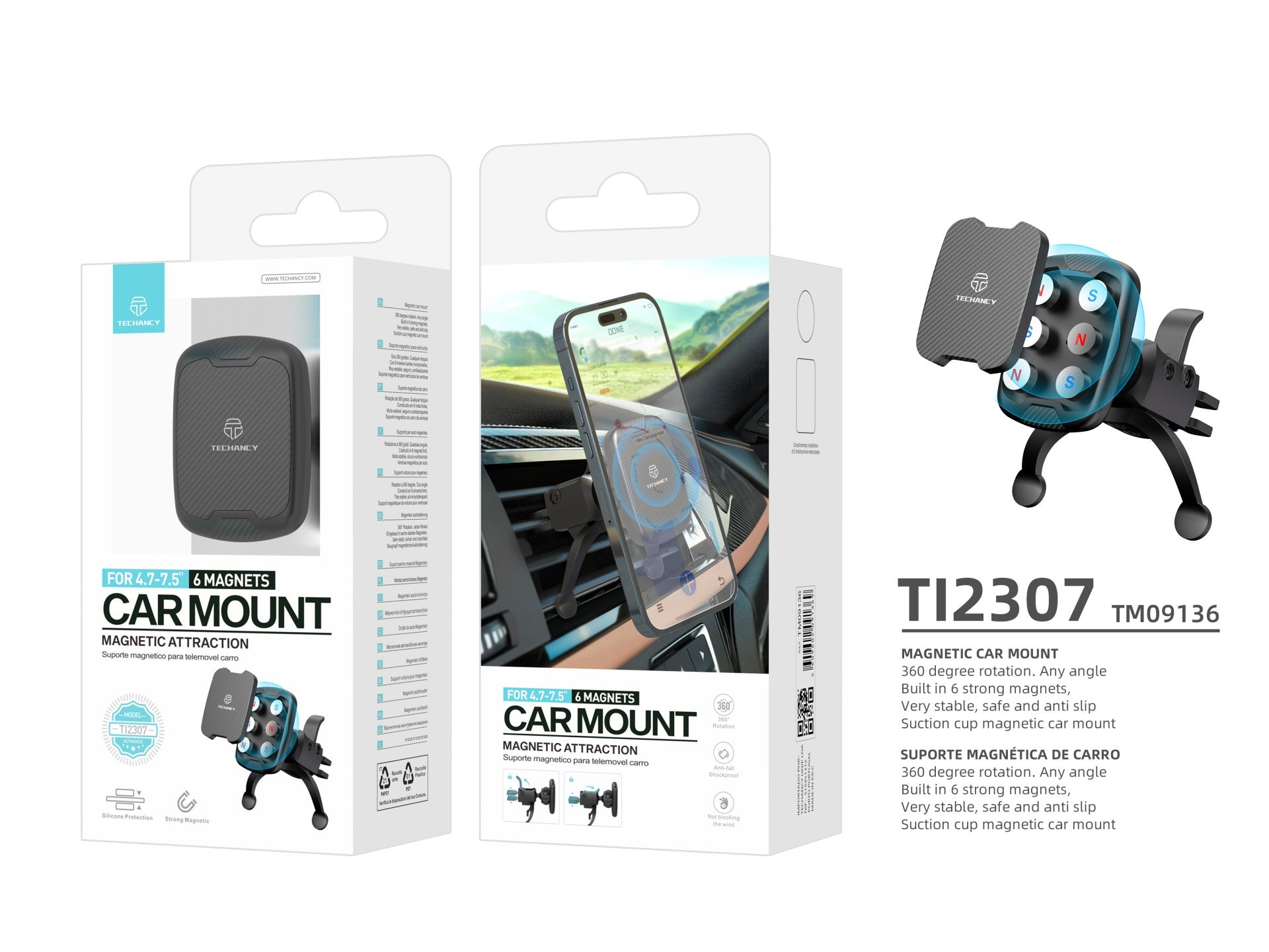 Techancy Suporte Magnético Para Telemóvel Para Automóvel Ti2307, Suporte Para Rotação De 360 Graus, Saída De Ar Para Automóvel