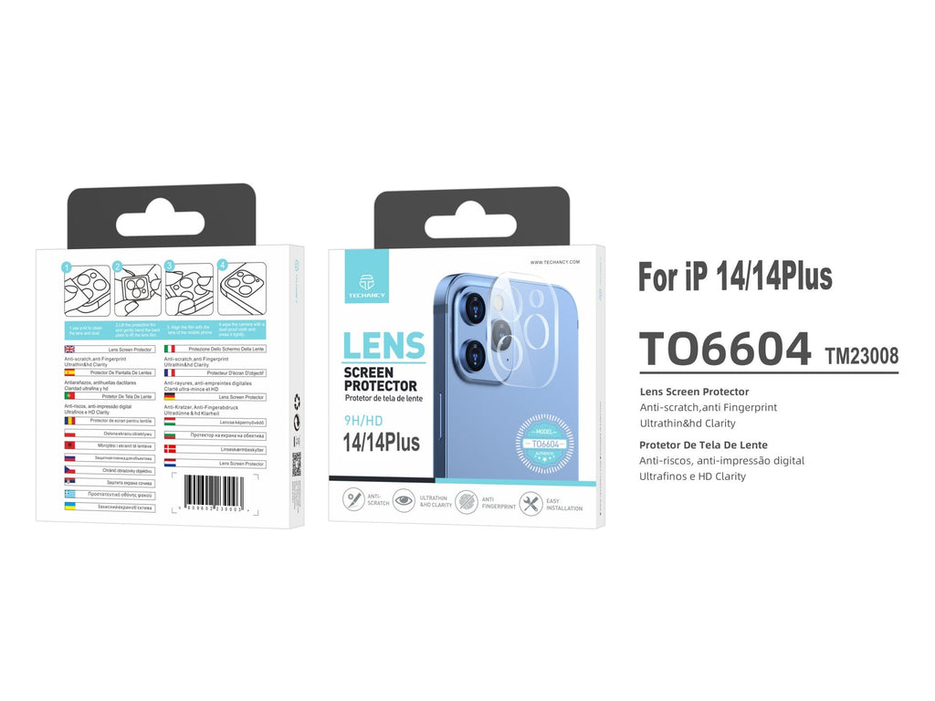 Techancy Protetor de Lente  para iPhone  14/14Plus TO6604, 9H Anti-riscos, Anti-digital, Ultrafino e HD, Fácil de Instalar