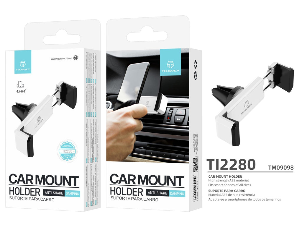 Techancy Suporte de Telemovel para Carro TI2280 Fixacao por Grelha Antivibracao Para 4.7 a 6.4 Polegadas Branco
