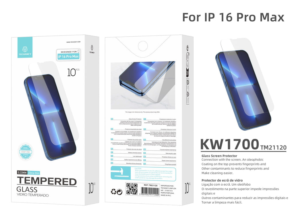Techancy Película de Vidro Temperado  para iPhone 16 Pro Max KW1700 , 0.33MM, Anti-riscos, Alta Transparência, Fácil Aplicação