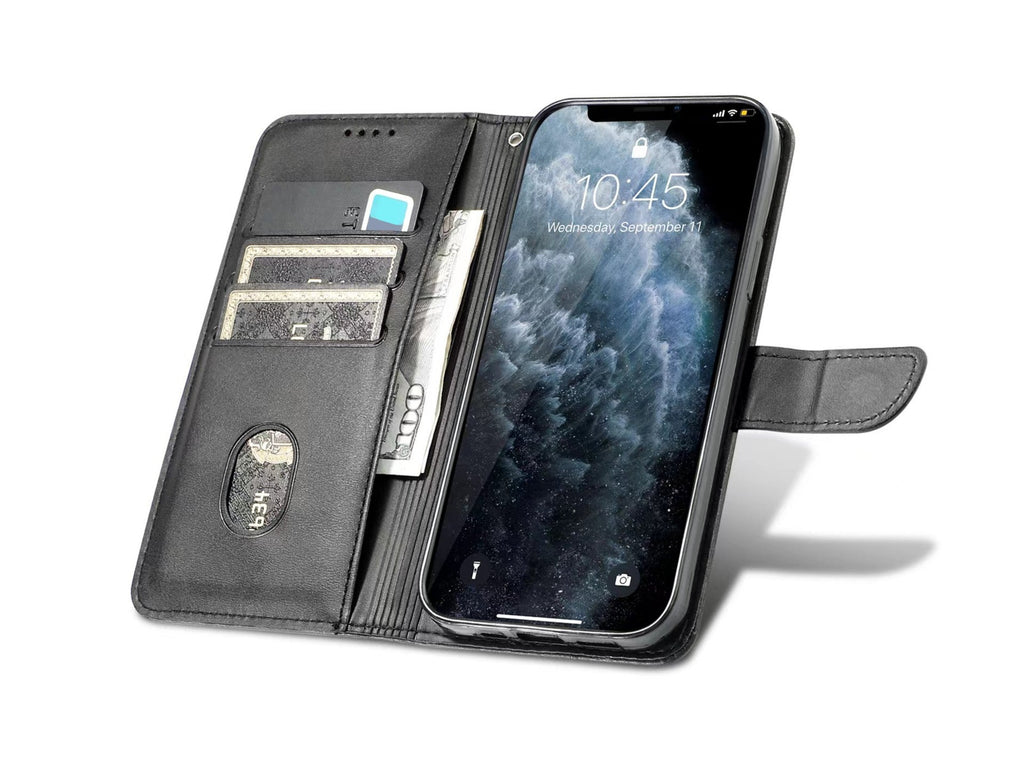 Capa flip em couro para telemóvel com 3 ranhuras para cartões, KX5600, função suporte e proteção contra quedas, compatível com iPhone 13 Pro Max, Preto
