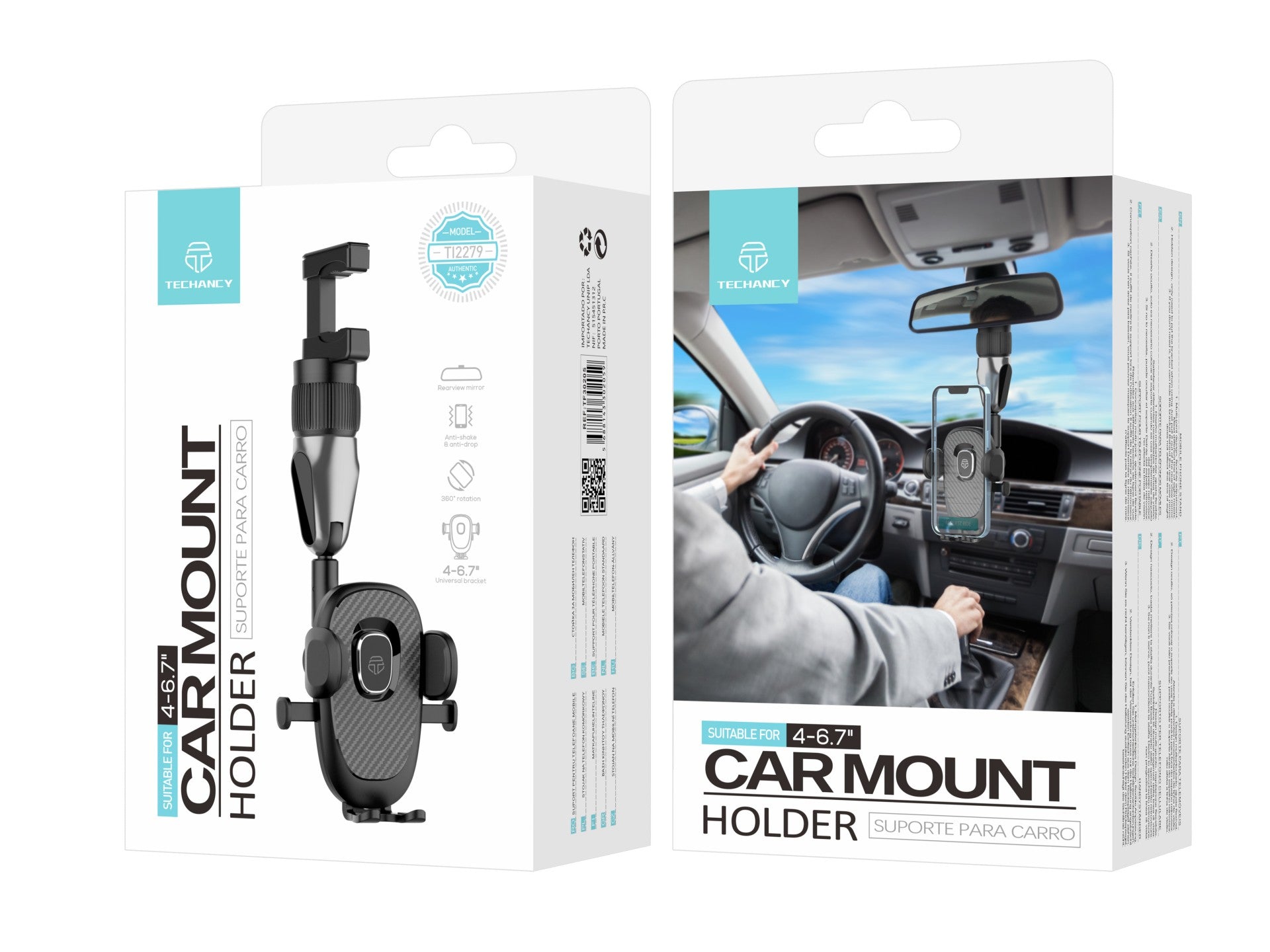 Suporte para telemóvel Techancy, TI2279, interruptor de um toque, monta-se no espelho retrovisor do carro, preto