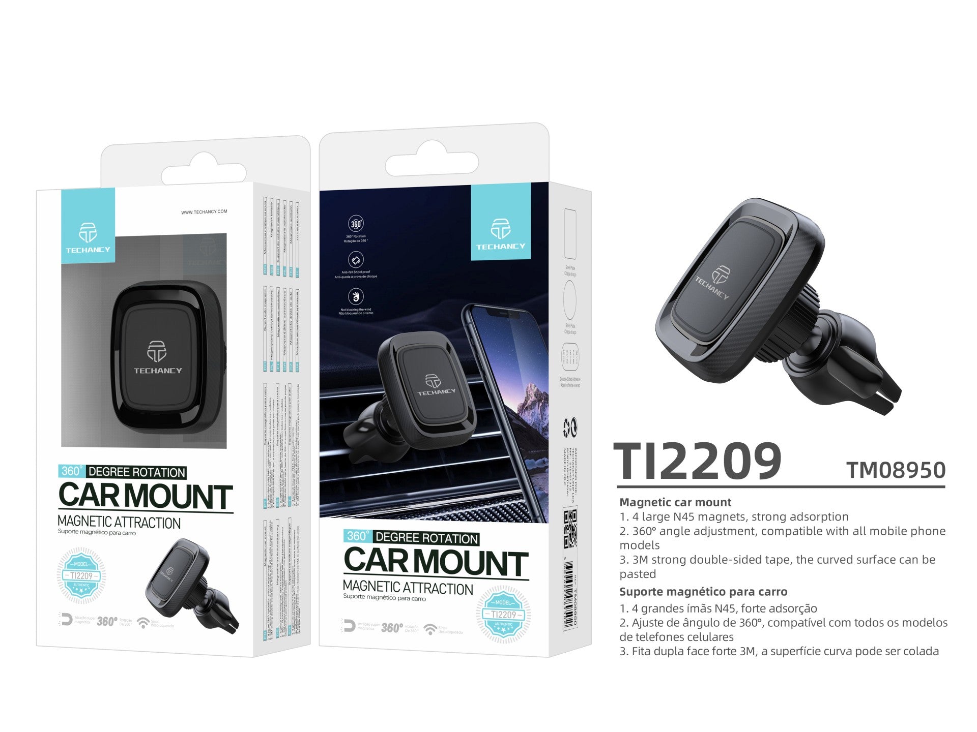 Techancy Suporte Magnético Para Telemóvel Para Automóvel Ti2209, Forte Capacidade De Adsorção Magnética. Preto