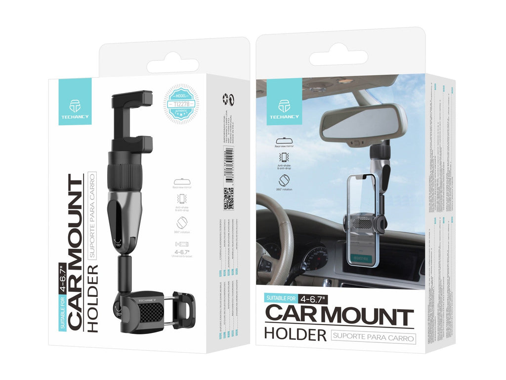 Suporte para telemóvel Techancy, TI2278, suporta ajuste de ângulo de 360°, instala-se no espelho retrovisor do carro, preto