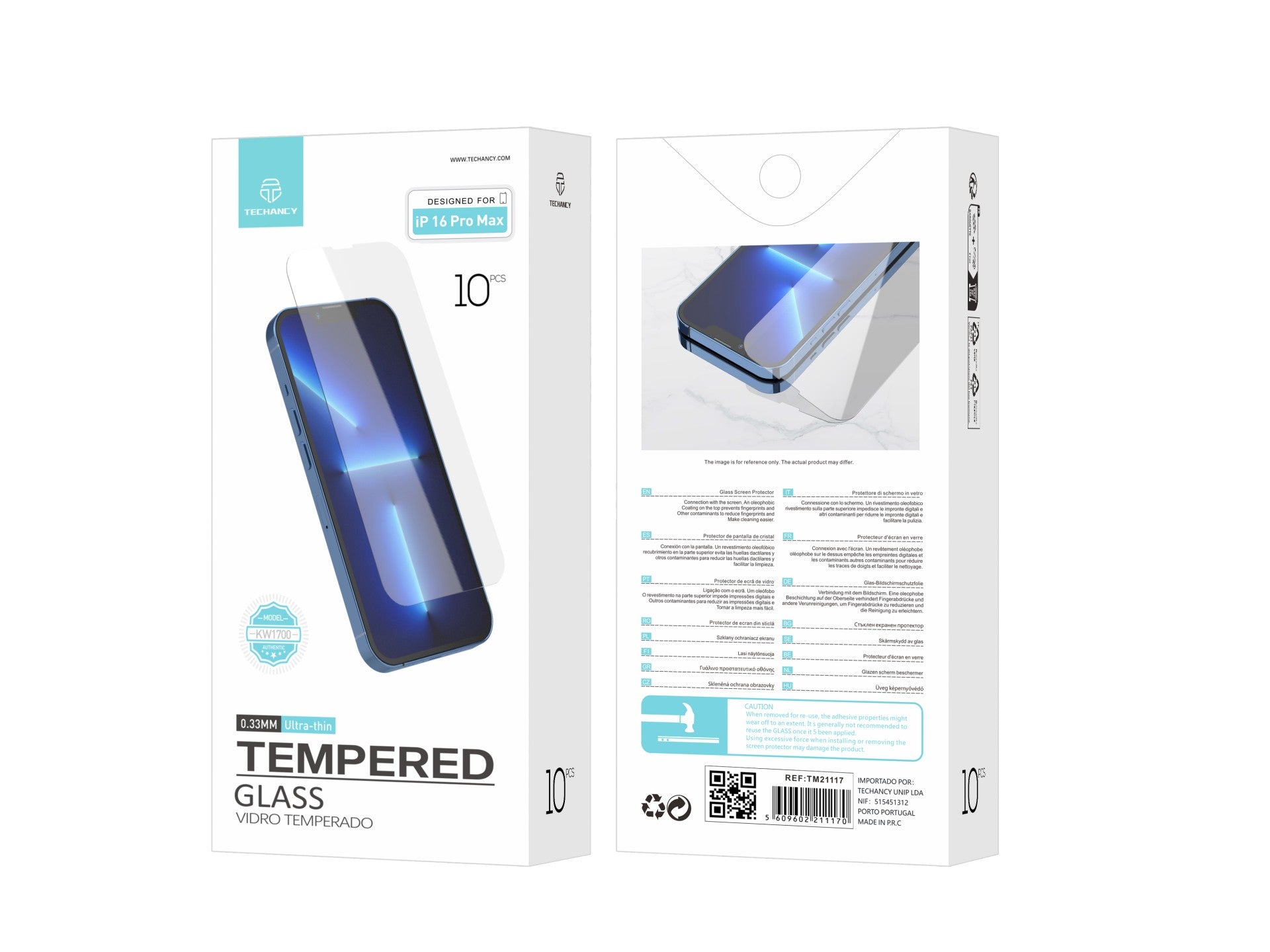 Techancy Película de Vidro Temperado  para iPhone 16 Pro Max KW1700 , 0.33MM, Anti-riscos, Alta Transparência, Fácil Aplicação