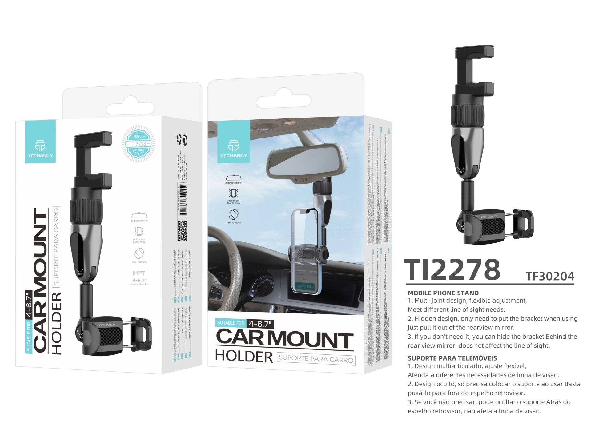 Suporte para telemóvel Techancy, TI2278, suporta ajuste de ângulo de 360°, instala-se no espelho retrovisor do carro, preto