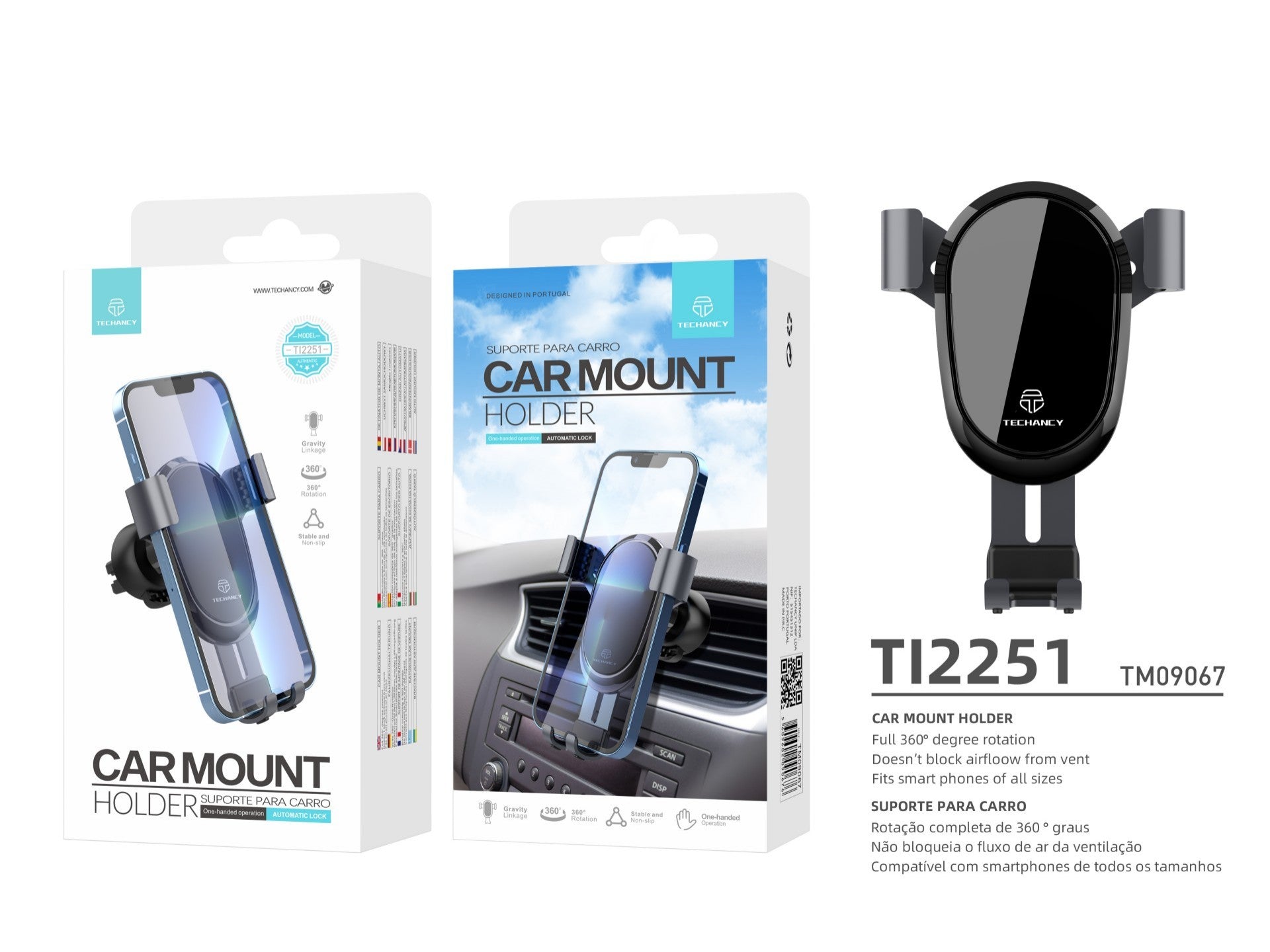Techancy Suporte Para Telemóvel Para Automóvel Ti2251, Para Telemóveis De 7,2”, Suporte Firme Por Gravidade, Metal,