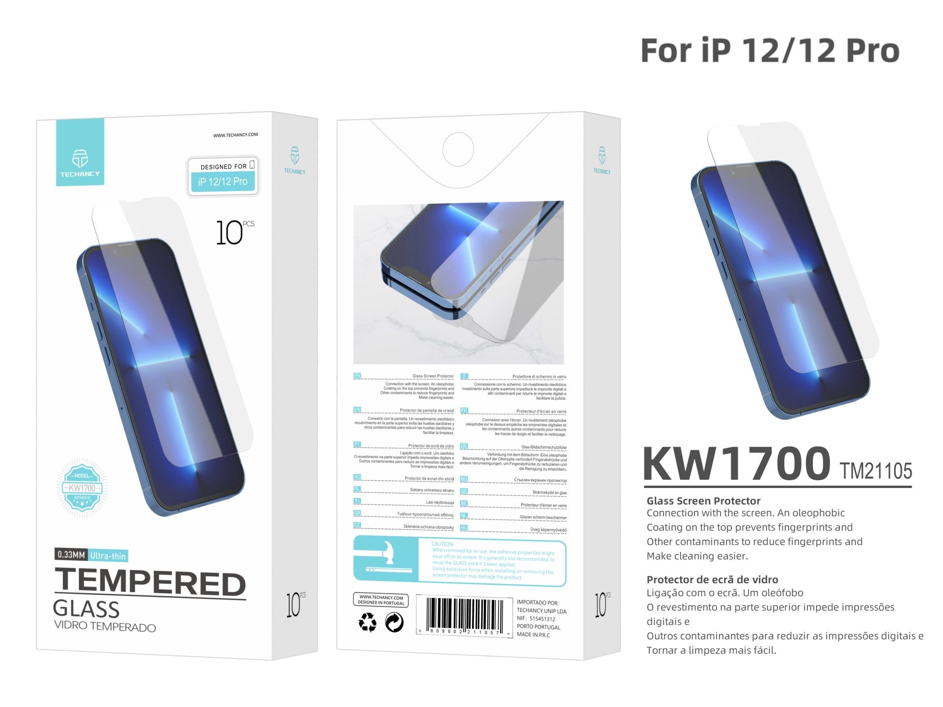 Techancy Película de Vidro Temperado  para iPhone 12/12 Pro KW1700 , 0.33MM, Anti-riscos, Alta Transparência, Fácil Aplicação