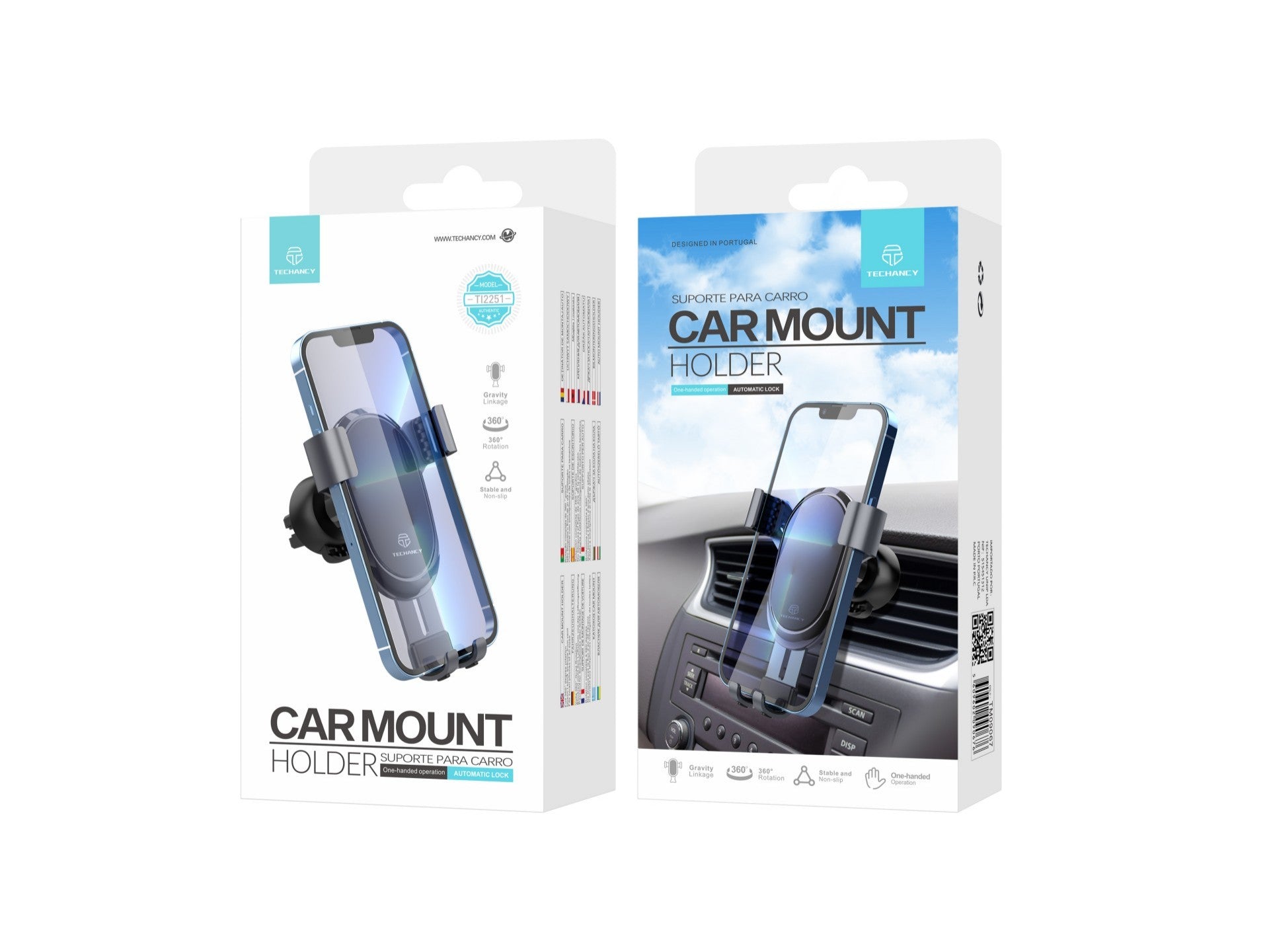 Techancy Suporte Para Telemóvel Para Automóvel Ti2251, Para Telemóveis De 7,2”, Suporte Firme Por Gravidade, Metal,