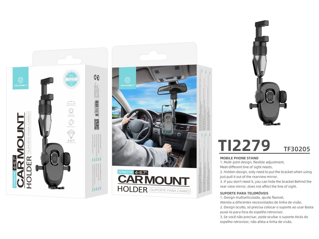 Suporte para telemóvel Techancy, TI2279, interruptor de um toque, monta-se no espelho retrovisor do carro, preto