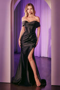 Off The Shoulder Soft Satin Night Out Gown w/ Draped Sweetheart Neckline & Corset Bodice CDKV1115