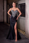 Rhinestones Embellished Long Graduation Dress w/ Corset Bodice & Elegant Leg Slit CDKV1142