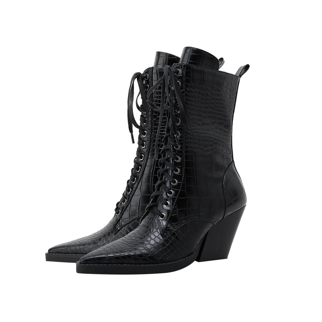 Lace Up Snakeskin Pointed Toe Ankle Boots