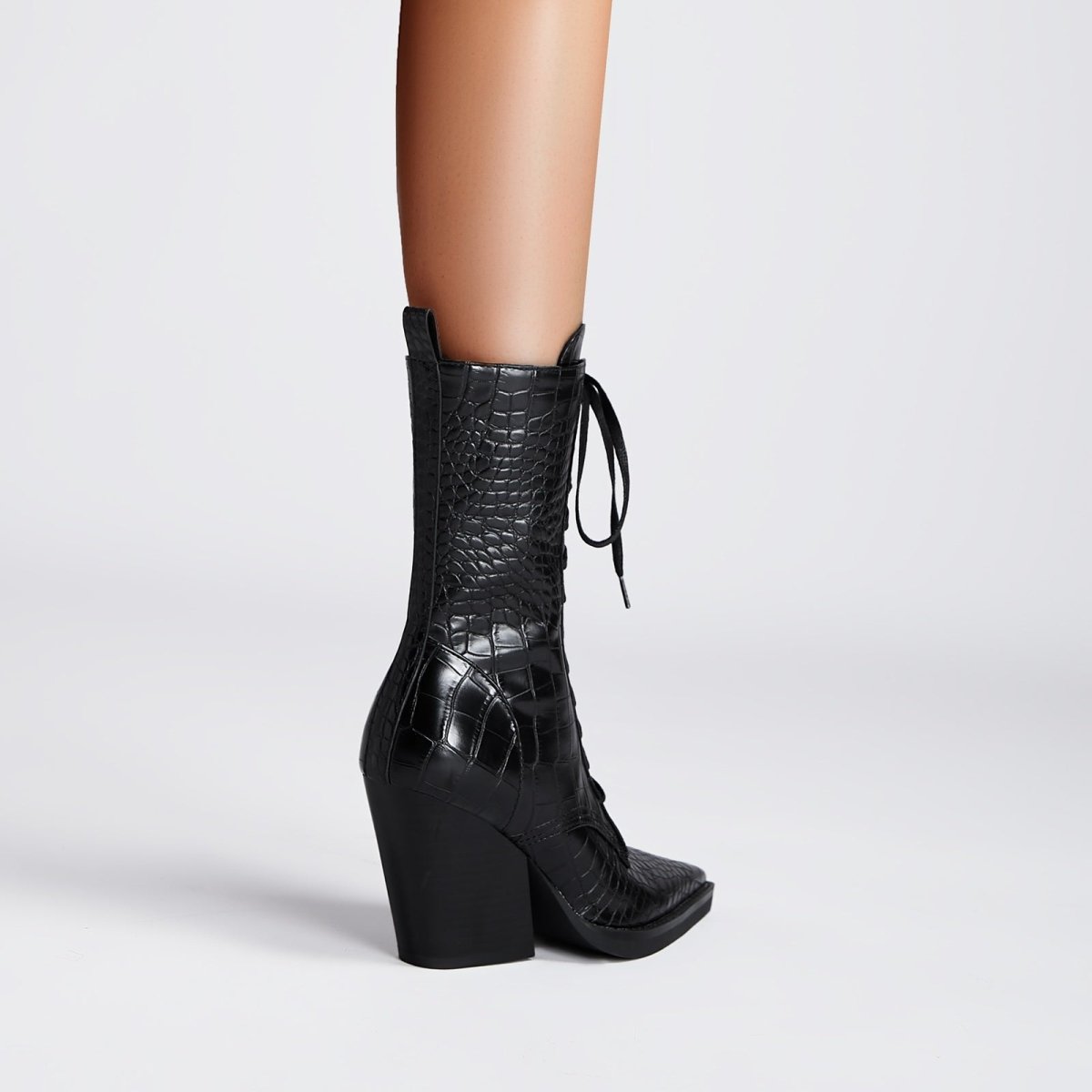Lace Up Snakeskin Pointed Toe Ankle Boots