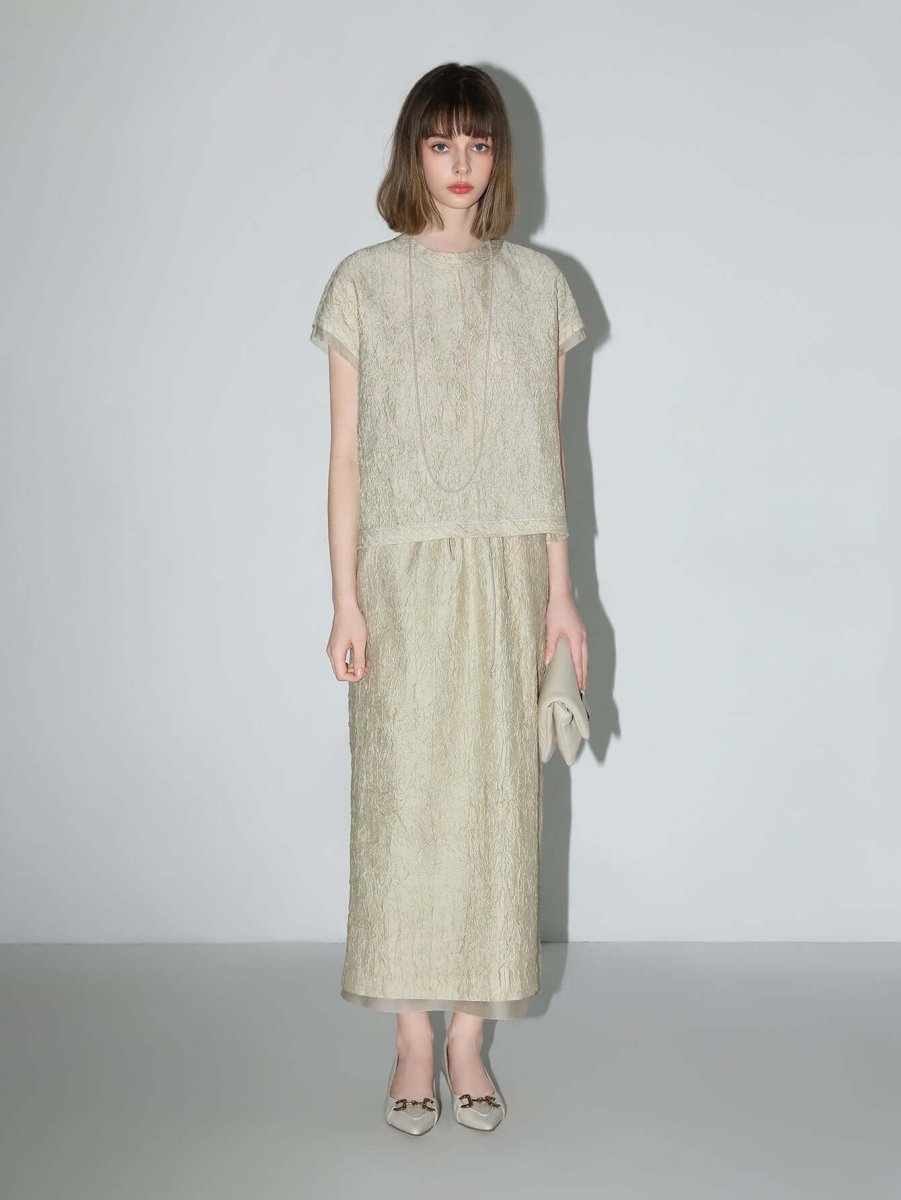Luxe Contrast Champagne Silk Textured Satin Midi Skirt