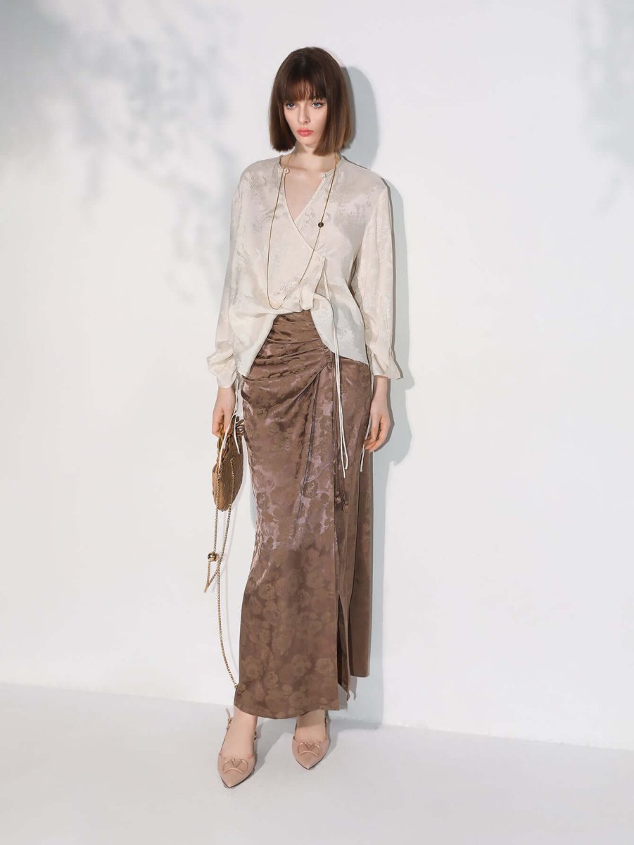 Luxurious Jacquard Draping Brown Silk Satin Skirt