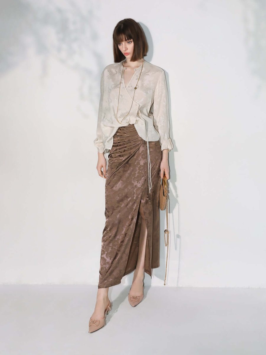 Luxurious Jacquard Draping Brown Silk Satin Skirt