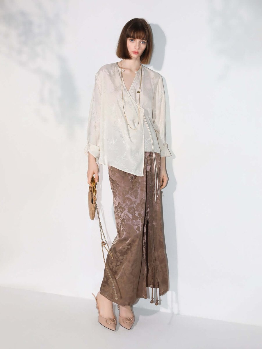 Luxurious Jacquard Draping Brown Silk Satin Skirt