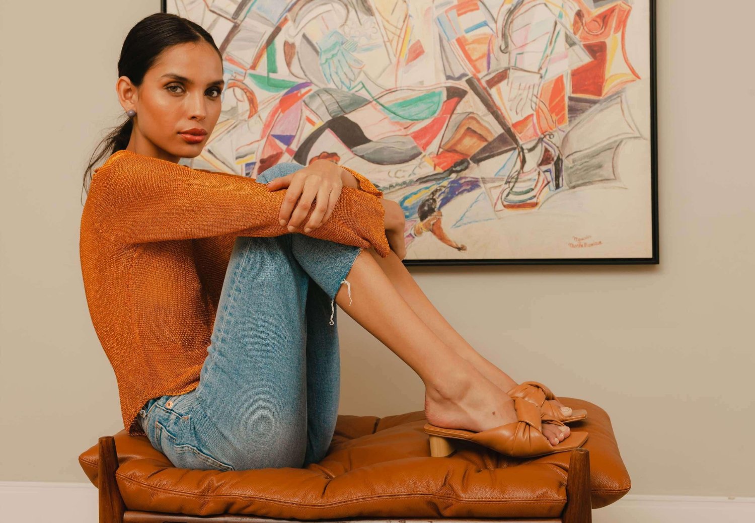 Tan Leather Mules Caroba – Women’s 4 cm Cylindrical Block Heel Slip-On Sandals