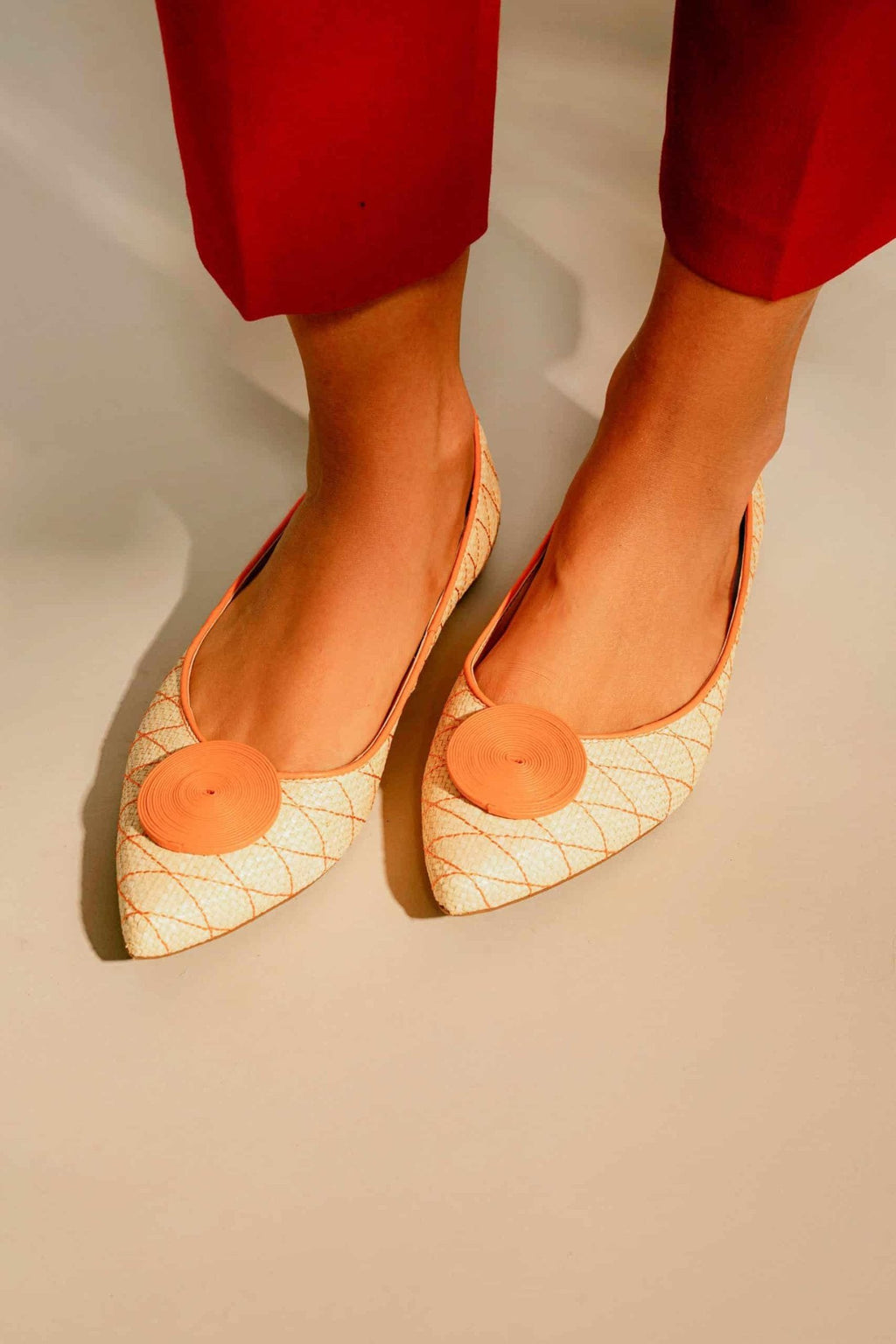 Beige Raffia Ballerina Flats with Textured Detail – Women’s Summer Shoes