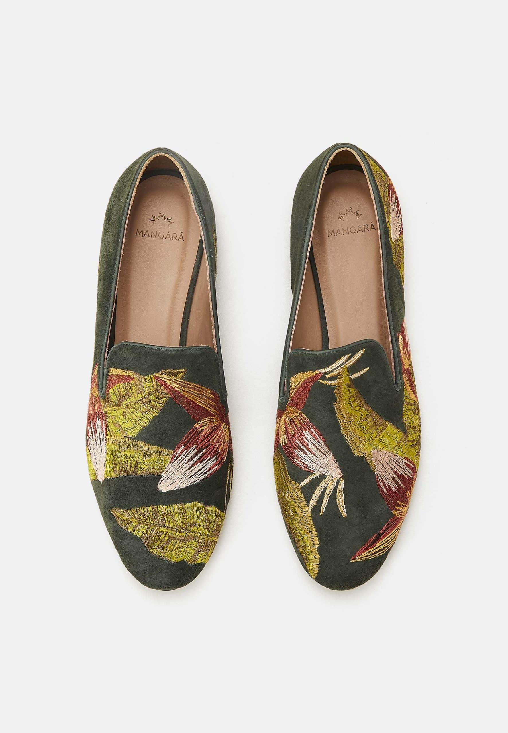 Green Suede Embroidered Loafers – Elegant Women’s Flat Shoes