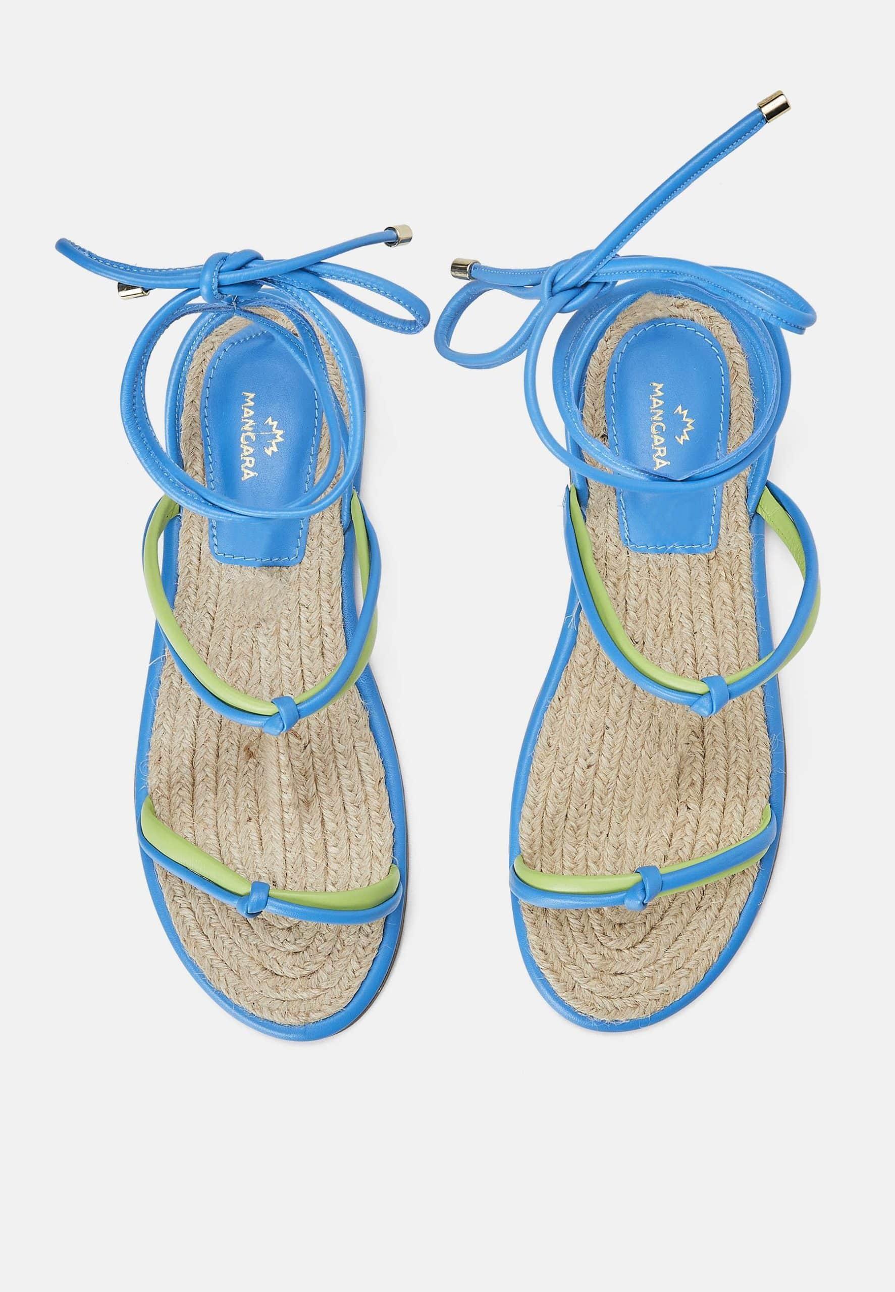 Blue Leather Lace-Up Sandals – Handcrafted with Natural Raffia Insole
