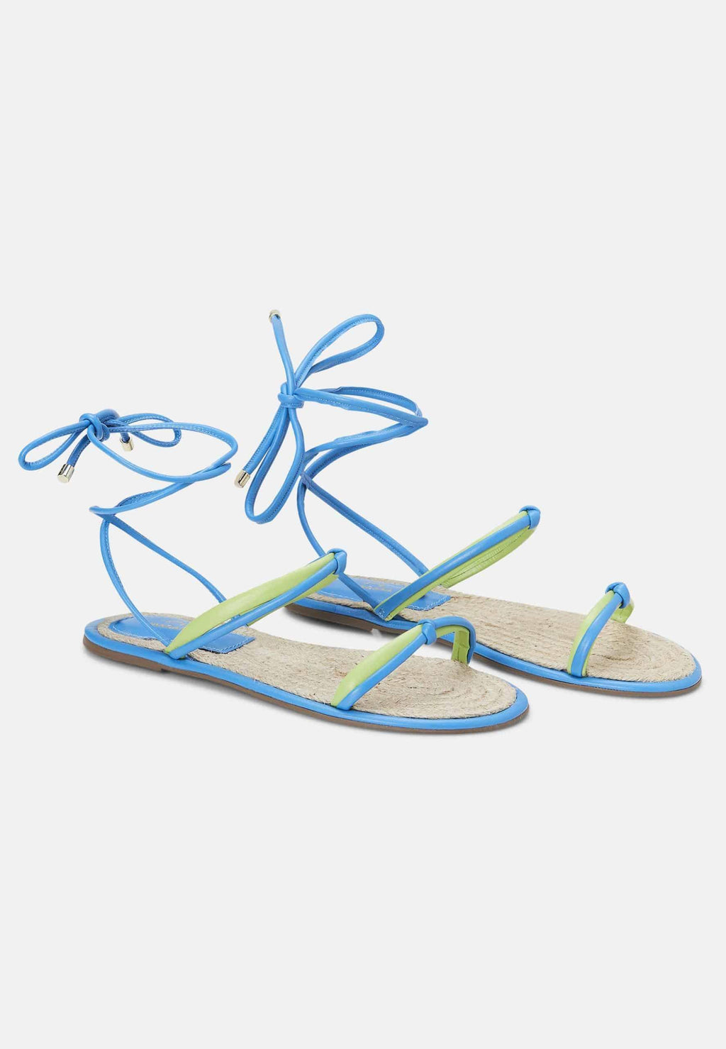 Blue Leather Lace-Up Sandals – Handcrafted with Natural Raffia Insole