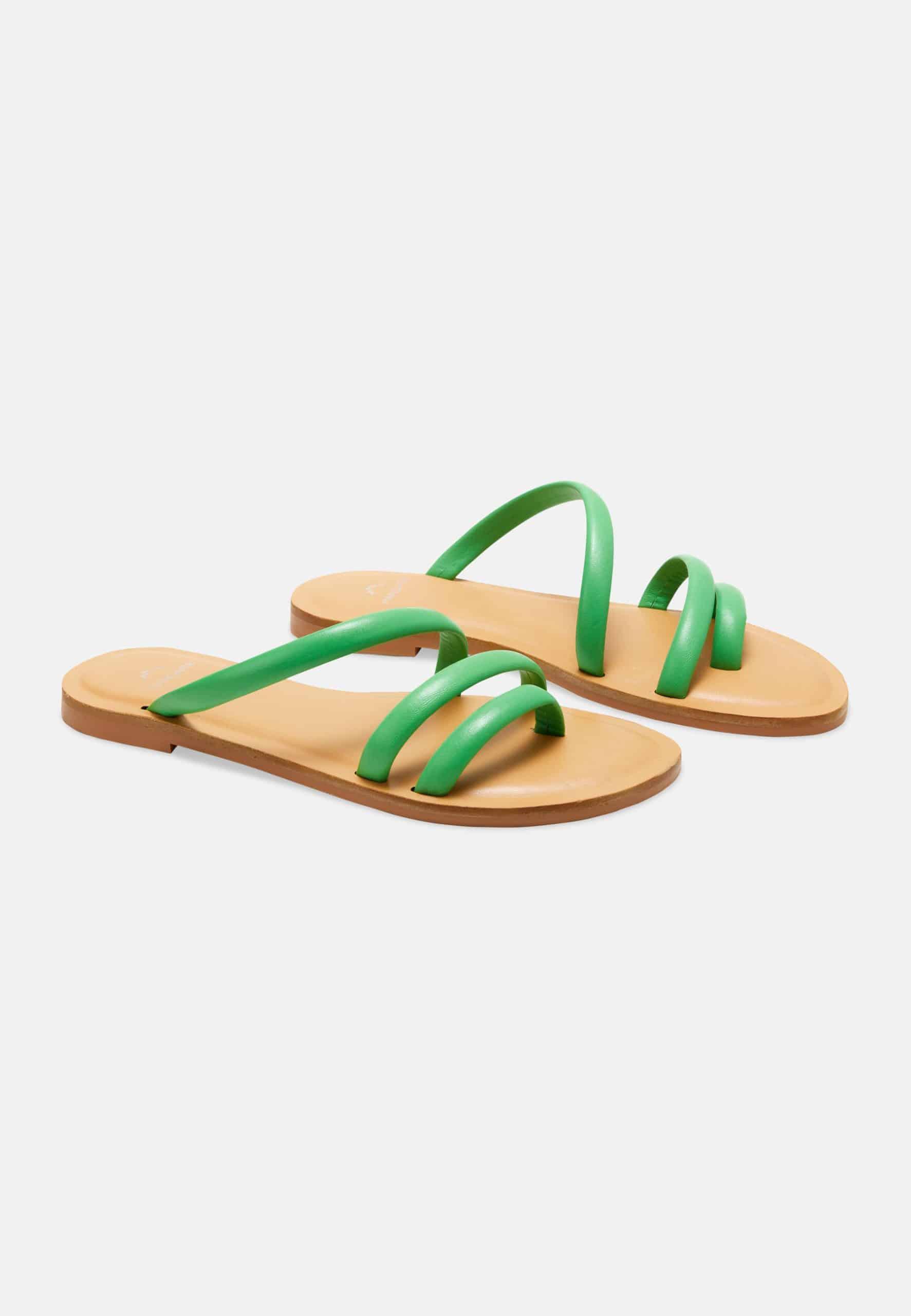 Green Calf Leather Flat Sandals – Women’s Minimalist Three-Strap Slides