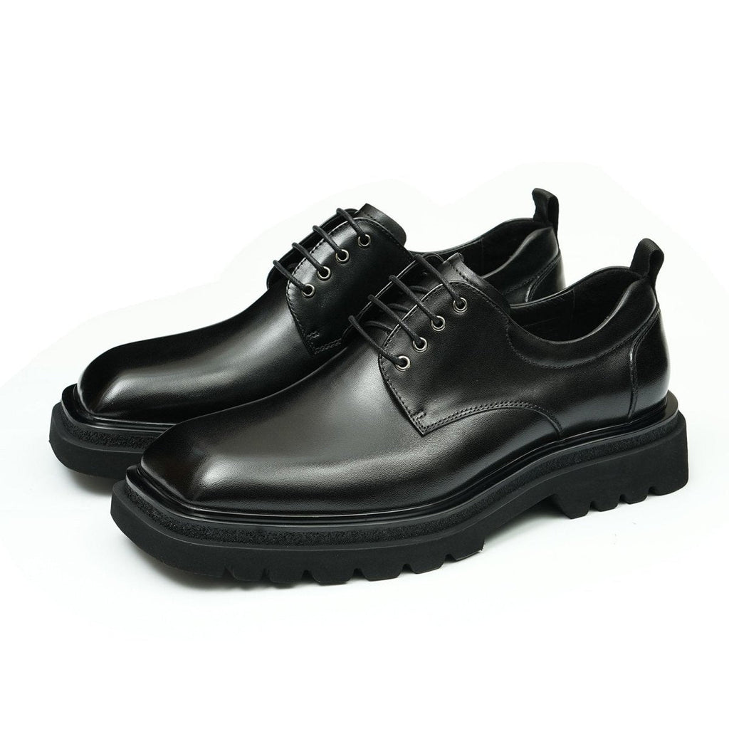 Men’s Glossy Square Toe Polished Calf Leather Lace Up Shoes