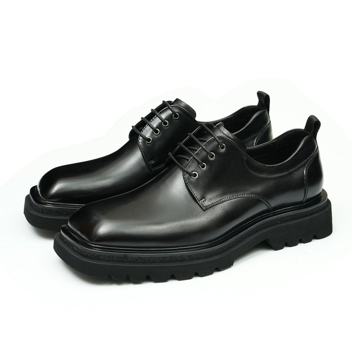 Men’s Glossy Square Toe Polished Calf Leather Lace Up Shoes