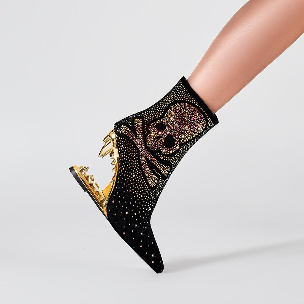 Metallic Skull and Bones Bite Heel Black Ankle Boots