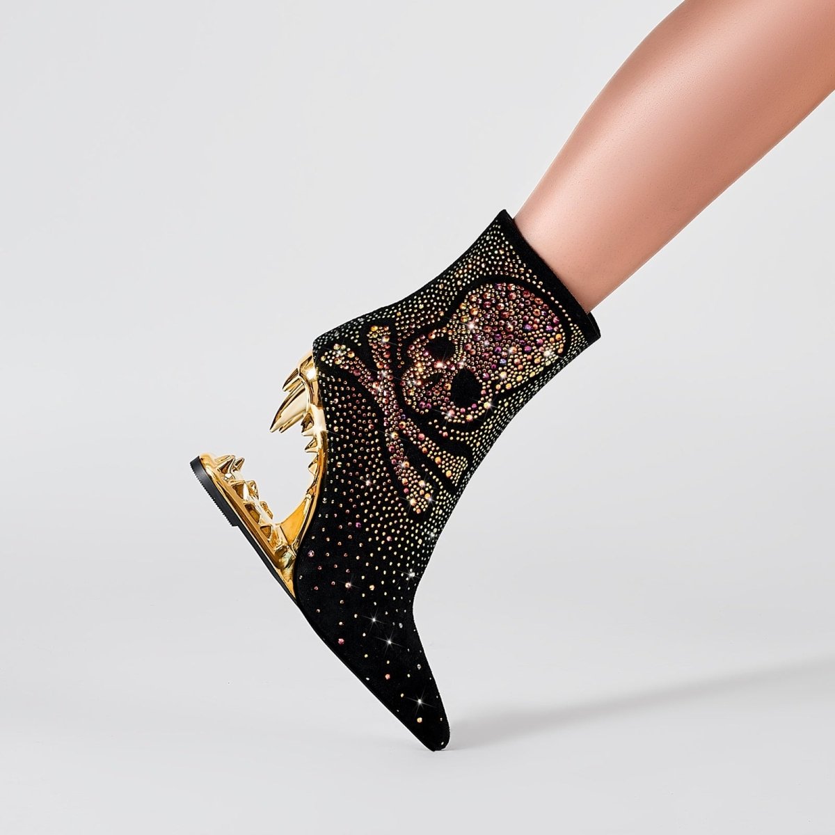 Metallic Skull and Bones Bite Heel Black Ankle Boots