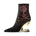 Metallic Skull and Bones Bite Heel Black Ankle Boots