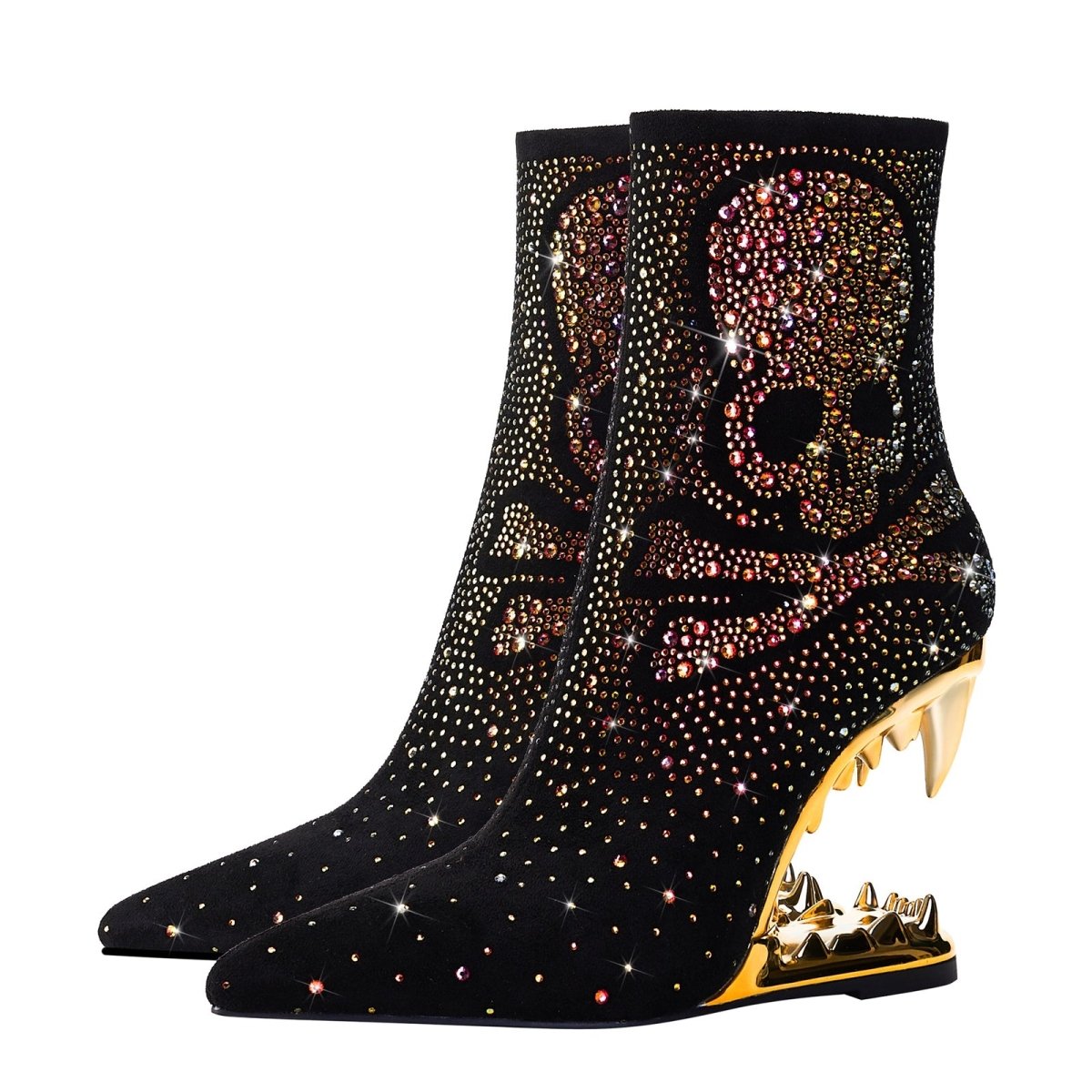 Metallic Skull and Bones Bite Heel Black Ankle Boots