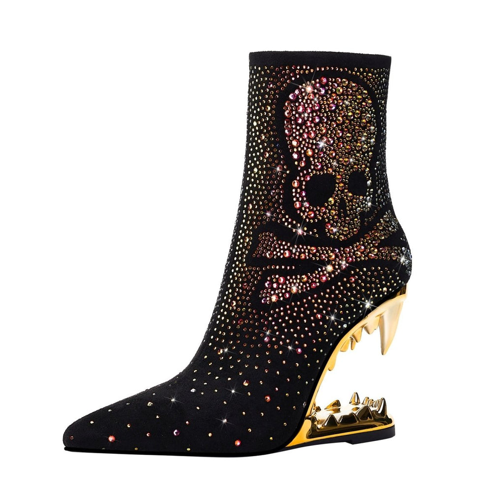 Metallic Skull and Bones Bite Heel Black Ankle Boots