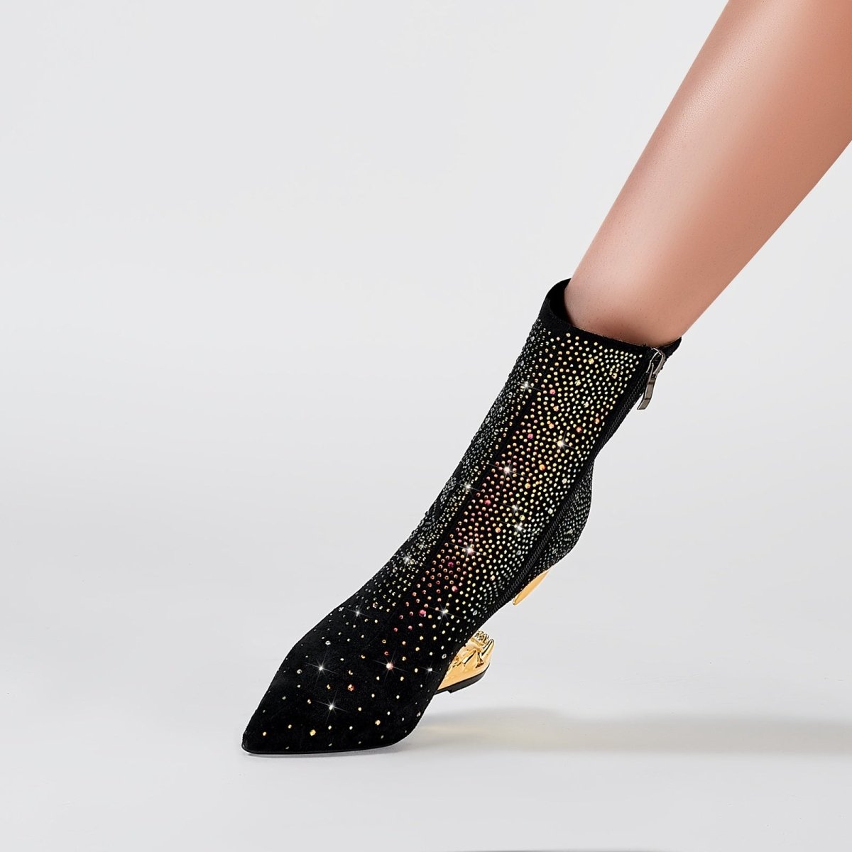Metallic Skull and Bones Bite Heel Black Ankle Boots