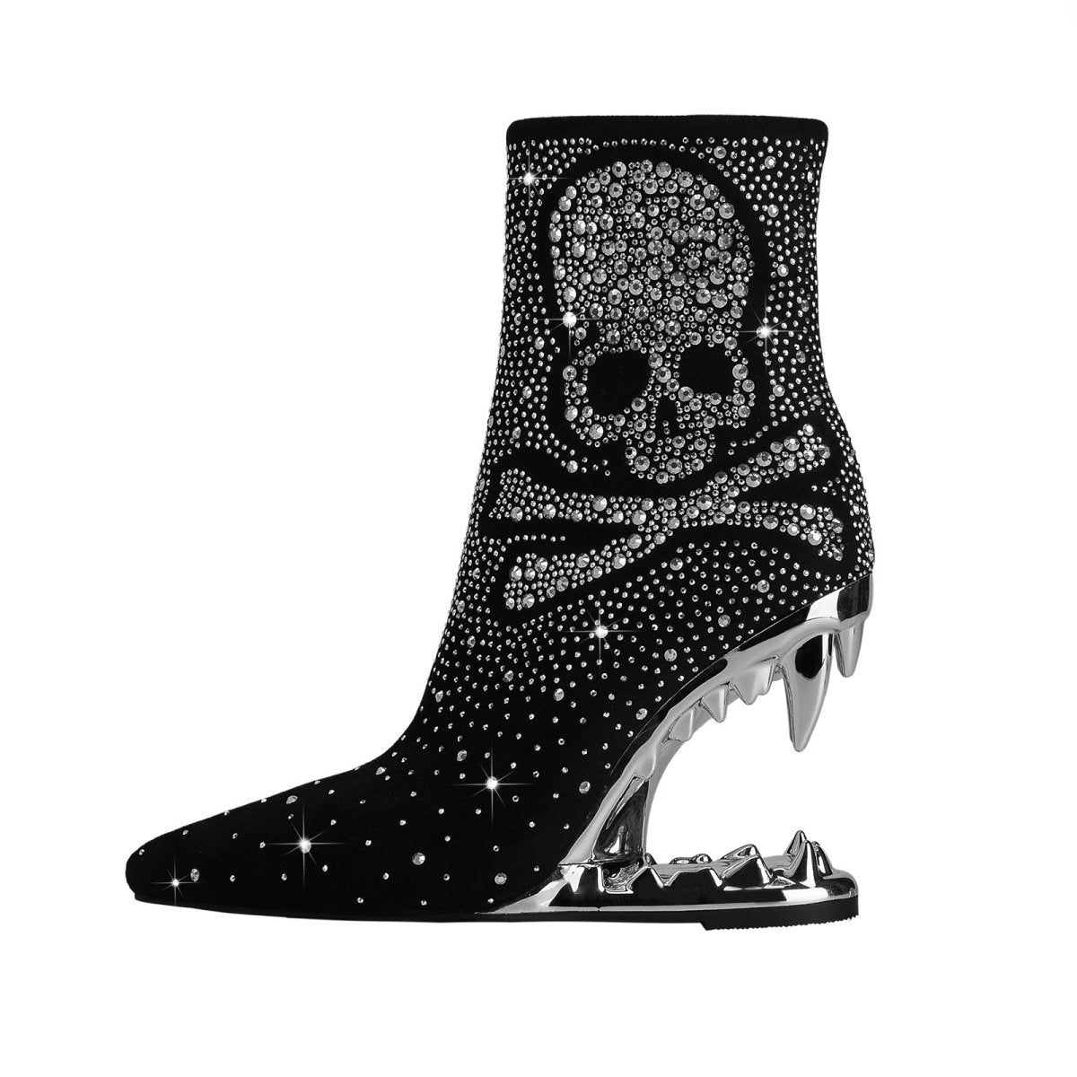 Metallic Skull and Bones Bite Heel Black Ankle Boots