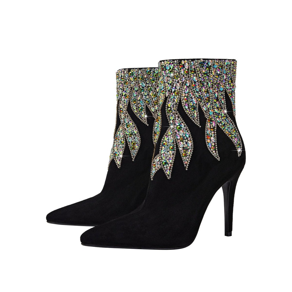 Multi Color Gem Encrusted Flame Black Ankle Boots