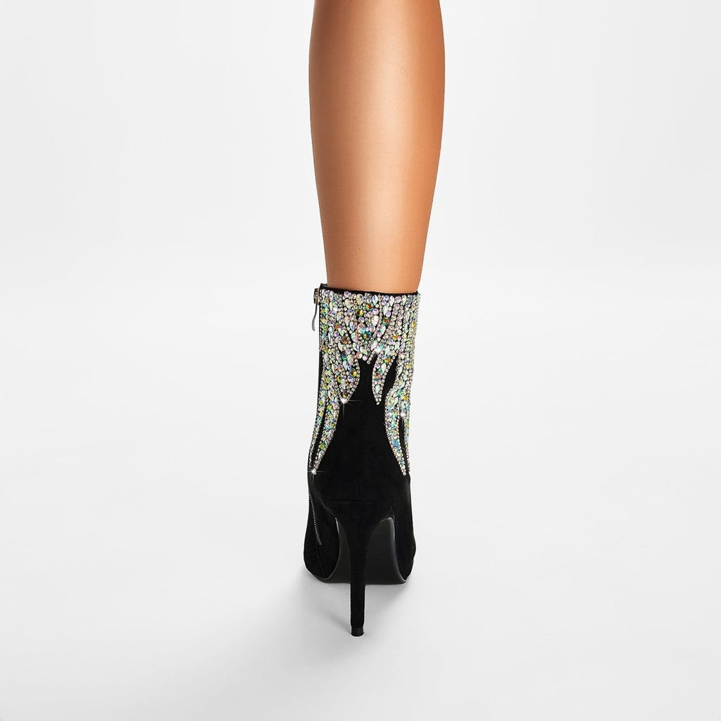 Multi Color Gem Encrusted Flame Black Ankle Boots