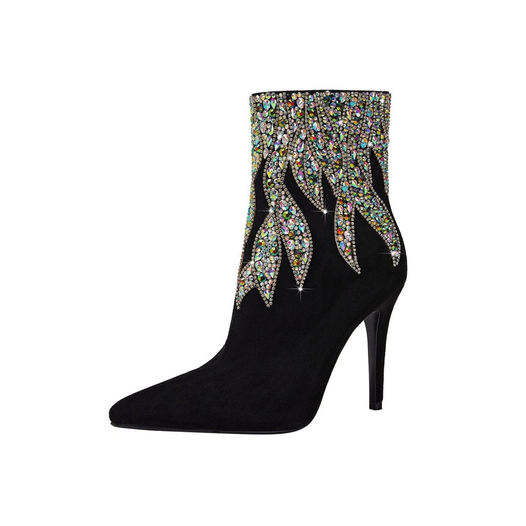 Multi Color Gem Encrusted Flame Black Ankle Boots