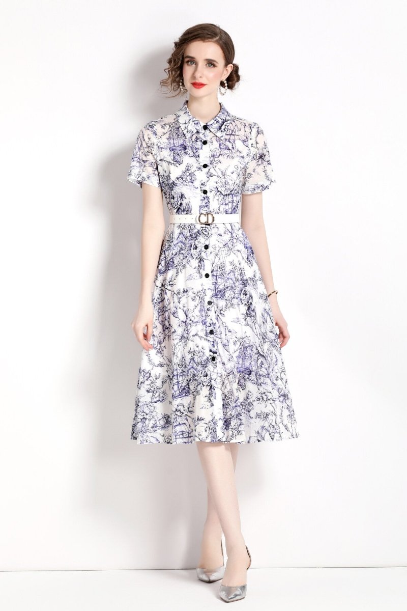 Natural Forest Waist Cinching Flared Work Shirt Dress